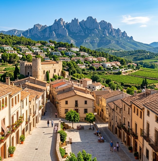 Vistas de las zonas residenciales, urbanizaciones y el entorno de naturaleza y viñedos con Montserrat al fondo en Piera